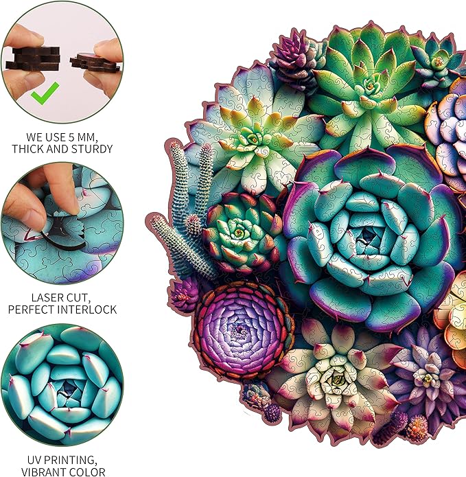 Unique Wooden Jigsaw Puzzles - Mandala Succulent Plants, 500 Pcs King Size 16.9'' x 16.3'', Luxurious Shaped Wood Puzzle, Beautiful Package, Best Gift for Adults and Kids, Family Game