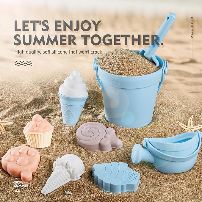 MarcZero 17Pcs Silicone Beach Toys,Modern Baby Beach Toys,Travel Friendly Beach Set,Silicone Bucket, Watering Can, Shovel, 12 Sand Molds, Beach Bag,Silicone Sand Toys for Toddlers, Kids (Light Blue)