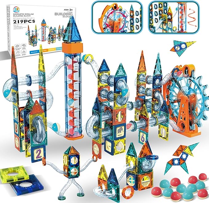 Glowing Marble Run Construction Set with 15 Glow in The Dark Glass Marbles, STEM Gifts for Boys and Girls, Building Project Toy