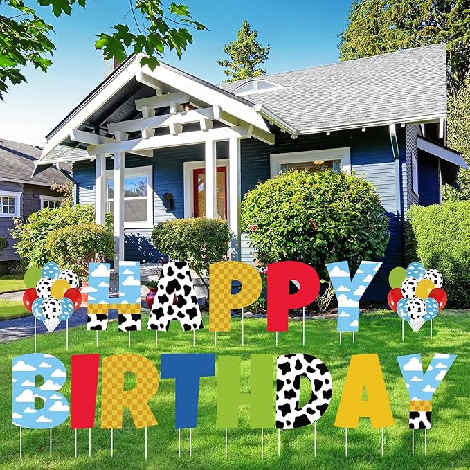 15 Pcs Cartoon Happy Birthday Lawn Yard Sign with Stakes Colorful Toy Inspire Game Outdoor Decorations Waterproof Happy Sign for Birthday Party Celebration Supplies