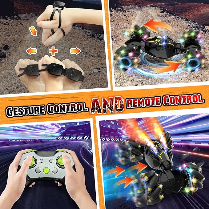 Remote Control Stunt Car Toys: Christmas Birthday Gifts for Boys Toys Ages 6-12 - 2.4Ghz Gesture Sensing Remote Control Cars with Light and Music Spray - 8WD Drift 360° Rotating RC Car for 7-14 Kids