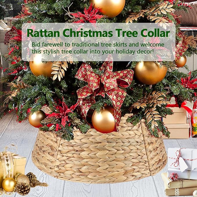 Christmas Tree Collar 24'' D Handmade Hyacinth Tree Collar Basket Rattan Wicker Christmas Woven Tree Ring Stand Base Cover for Christmas Holiday Decoration-Round Natural