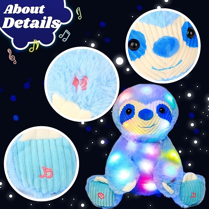 Cuteoy Blue Sloth LED Musical Stuffed Animal Light-up Singing Plush Adjustable Volume Lullaby Plushies Birthday Christmas Toy Gifts for Kids Toddler Girls, 13"