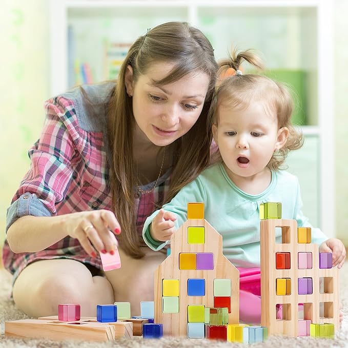 Wooden Building Blocks Set for Kids, 36 PCS Rainbow Acrylic Gem Cubes Blocks - 3 Wood House, Montessori Stacking Toy for Toddlers, Educational STEM Easter Toys for Boys Girls 3-6