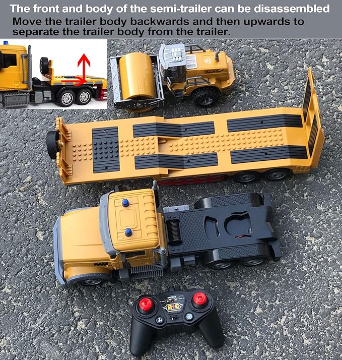 Remote Control Semi Truck Toy For Kids - 1:24 RC Semi-trailer Engineering Tractor With Sound And Lights, Trailer Truck Toy With Inertia Roller, Construction Vehicles For Boys & Girls 3-8 Years Old