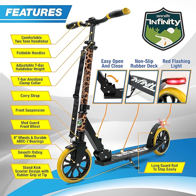 SereneLife Kick Scooter Adult Teenagers Kids- 2 Wheel Kids Scooter with Adjustable T-Bar Handlebar - Alloy Anti-Slip Deck - Portable Folding Scooters for Kids with Carrying Strap