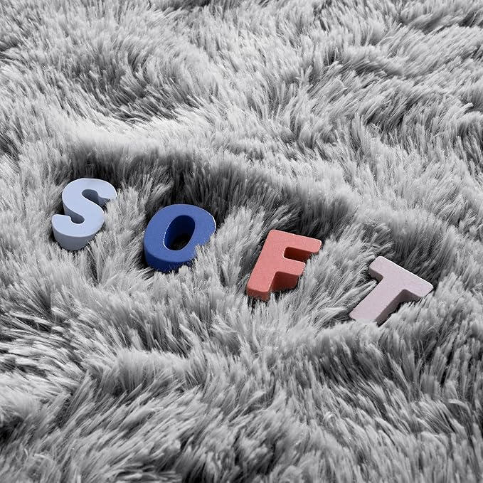 3x5 Grey Fluffy Bedside Area Rug Machine Washable, Small Shag Rugs Non Shedding for Living Room, Fluffy Carpet Anti Slip, Kids Playroom, Boy Girl Nursery