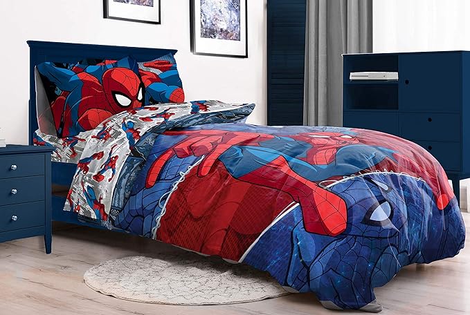 Jay Franco Marvel Spiderman Burst 5 Piece Full Bed Set - Includes Reversible Comforter & Sheet Set - Bedding - Super Soft Fade Resistant Microfiber (Official Marvel Product)
