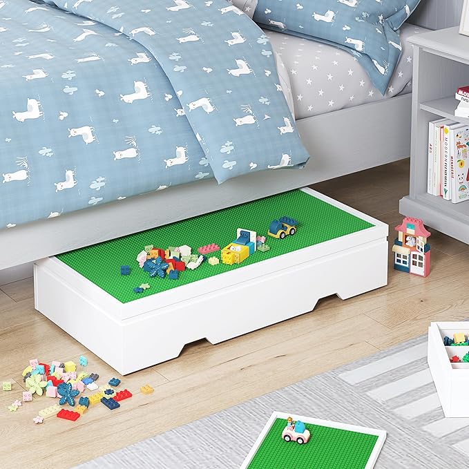 UTEX 3 in 1 Construction Play Table Compatible with Lego, Rolling Kids Activity Train Table with Storage and Wheels, Reversible Top Store Under Beds or Sofas