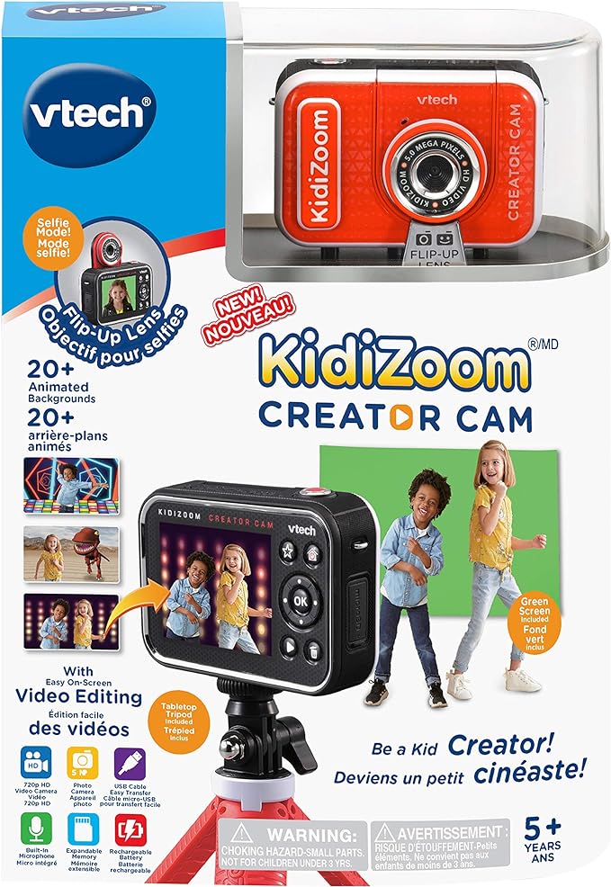 VTech KidiZoom Creator Cam, High-Definition Kids' Camera for Photos and Videos, Included Green Screen, Flip-Out Selfie Camera, Selfie Stick/Tripod, Auto Timer, Kids Ages 5 and up