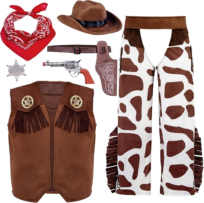 Spooktacular Creations Halloween Cowboy Costume for Boys, Kids Brown White Western Costume, Deluxe Cowboy Outfit Set with Hat for Toddler Halloween Dress-up, RolePlay Themed Party (Large, 10-12 yrs)