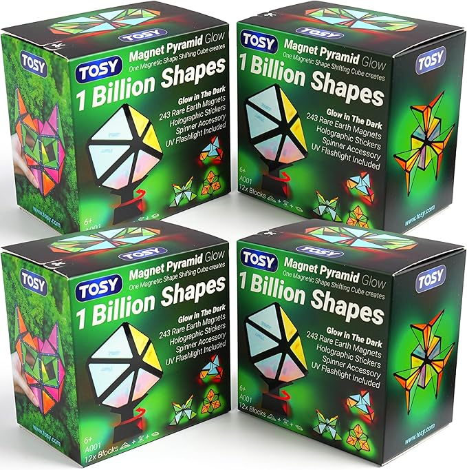 TOSY Magnet Pyramid Glow - 1 Cube Transforms into 1 Billion Shapes (Flowers, Vase for Mom/Her/Wife, 12 Pieces, 243 Rare Earth Magnets, Holographic Design Magnet Tiles, 4-Pack