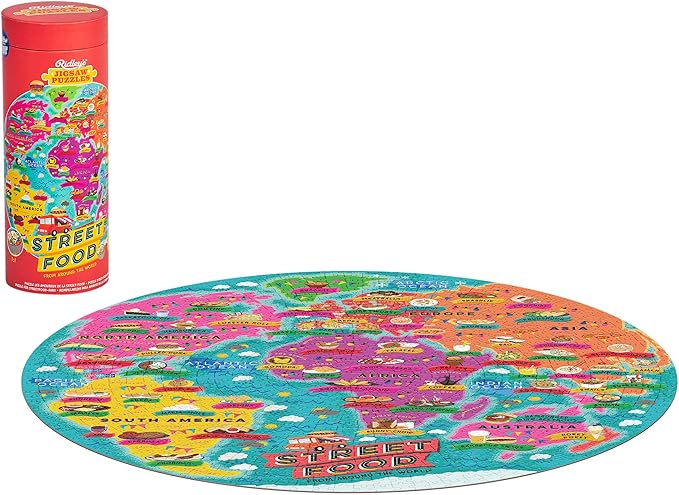 Ridley's Street Food Lover’s 1,000-Piece Jigsaw Puzzle – Circular Food Puzzle with Informational Image About Different Country’s Food, Sturdy Storage Tube Included – Activity Puzzle