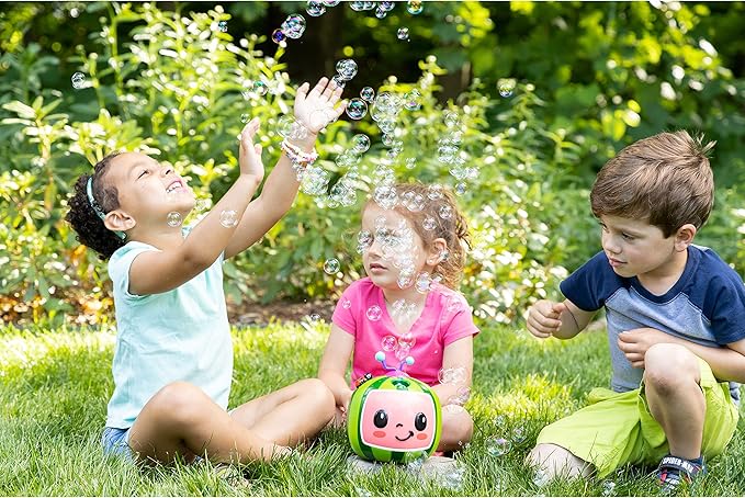 CoComelon NO Spill Musical Bubble Machine | Bubble Toy for Baby, Toddlers and Kids | Amazon Toys Exclusive with 16 oz of Extra Bubble Solution (Bubble Solution Bottle Colors Will Vary)