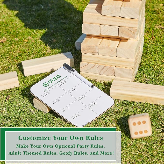 Olsa Giant Tumble Tower 60 PCS Wooden Block Stacking Games with Carrying Bag Classic Indoor & Outdoor Games for Kids Adults Family Backyard Lawn Beach Camping (Stack from 2.2 Ft to 5Ft)