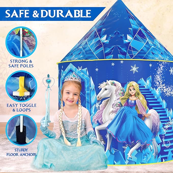 W&O Frozen Princess Tent for Girls with Magical Sound Button, LED Lights, Crown & Wand โ Indoor & Outdoor Frozen Tent for Girls Ages 3-7