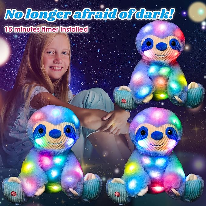 Cuteoy Blue Sloth LED Stuffed Animal Light-up Plush Birthday Christmas Plushies Toy Gifts for Kids Toddler Girls, 10.5"