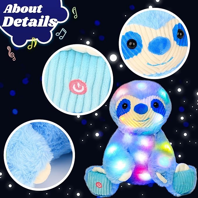 Cuteoy Blue Sloth LED Stuffed Animal Light-up Plush Birthday Christmas Plushies Toy Gifts for Kids Toddler Girls, 10.5"