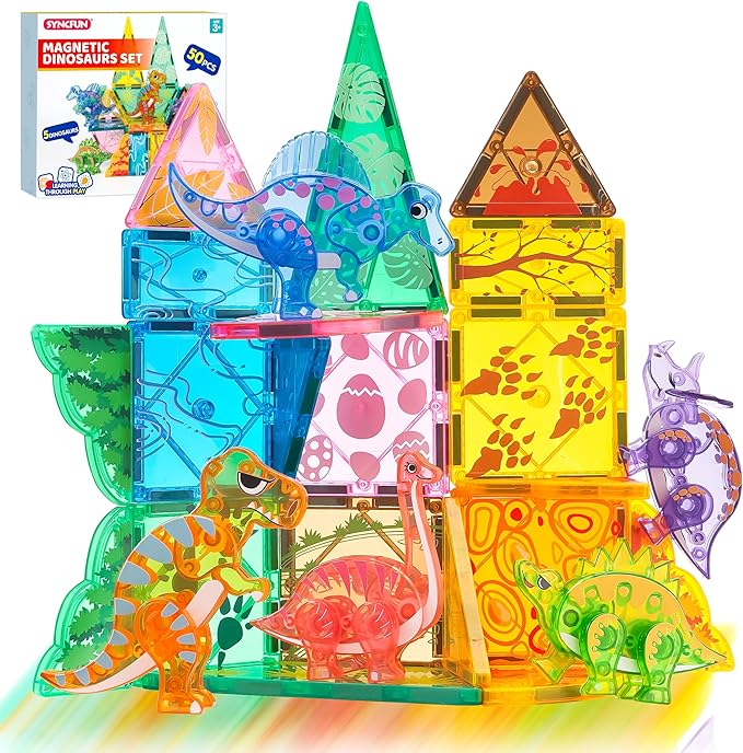 SYNCFUN Magnetic Building Tiles Dinosaur Set for Kids, 50PCS Including 5 Cute Dinosaurs, Educational STEM Toy for Boys & Girls Ages 3-5 4-8, Christmas Birthday Party Gift for Toddlers