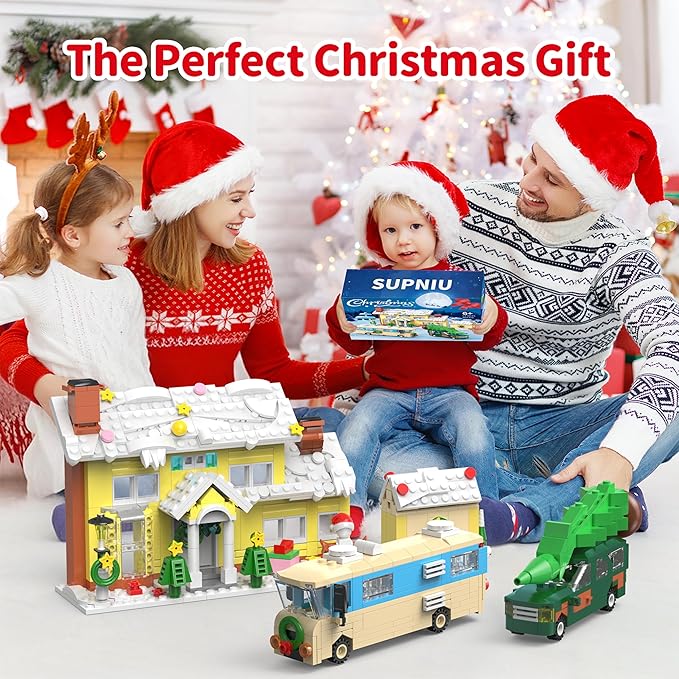 4 in 1 Snow Village,Pickup,Garage,RV Building Set Compatible with Lego,Xmas Decor Toys Gifts for Adults Girls Boys Ages 6+ (650 Pieces)