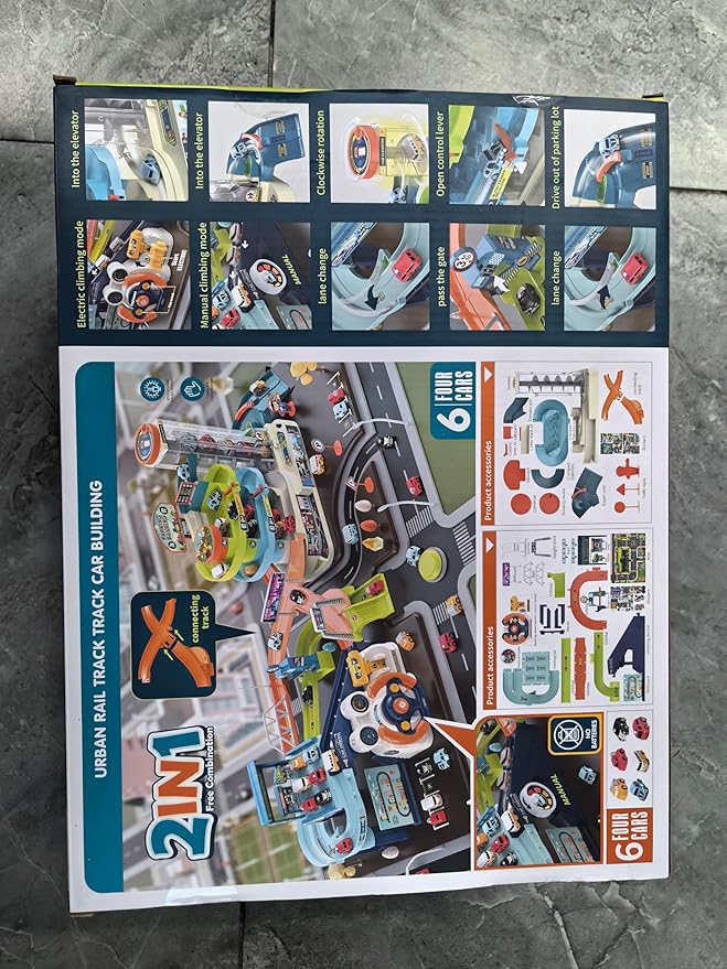 Fisca 2-in-1 Race Car Tracks PlaySet for Kids, Toy Car Ramp Track and Lifting Parking Lot, Dual Mode Toddler Car Track Toy Playset with 6 Cars, Automatic Rotary Elevator, Steering Wheel Music Driving