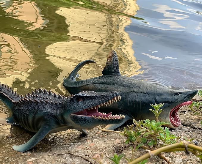 Gemini&Genius Mosasaurus and Megalodon Water Dinosaur Great White Shark Toys Set, Dinosaur with Sea Monster Set for Birthday Cake Toppers, Action Figure Toy Collections, Play or Display Toys for Kids