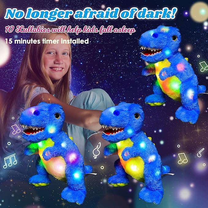 Cuteoy Blue Dinosaur LED Musical Stuffed Animal Light-up Singing Plush T-Rex Adjustable Volume Lullaby Plushies Birthday Christmas Toy Gifts for Kids Toddler Girls, 12"