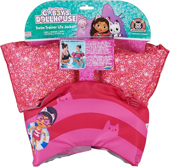 SwimWays Gabby's Dollhouse Swim Trainer, US Coast Guard Approved Life Vest Kids Swim Vest, Arm Floaties & Life Jackets for Kids 33-55 lbs, Gabby