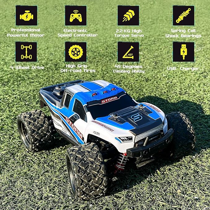Remote Control Truck for Boys 45KM/H 1:18 Scale RC Truck 4WD All Terrain Off Road Fast RC Car with 2 Rechargeable1200mAh Batteries for 60 Min Run Time, 2.4Ghz Remote Control Car Gift for Adults Girls