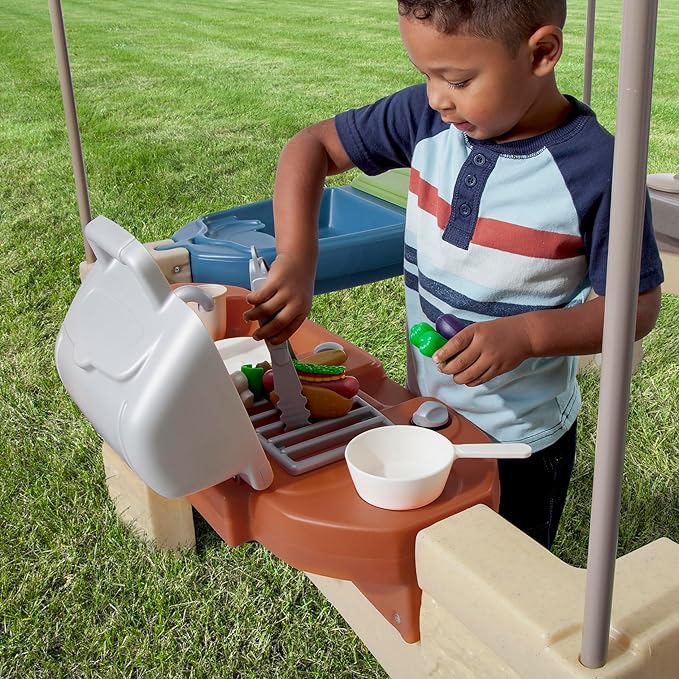 Step2 All Around Playtime Patio with Canopy, Kids Indoor/Outdoor Kitchen Playset & Sensory Playhouse, Made of Durable Plastic, Includes 16 Piece Toy Accessories, For Toddlers 2+ Years Old, Green