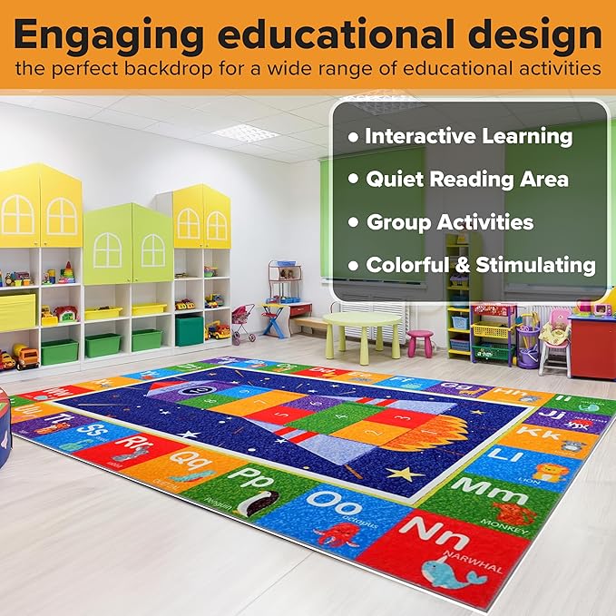 Hudson Comfort Classroom Rug 9x12 - Rugs for Elementary, Daycare, Nursery, and Playroom - Super Soft Non-Slip Carpet - Kids Fun Floor Mat for Playtime (Rocket)