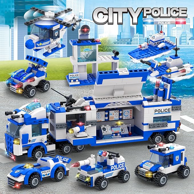 EP EXERCISE N PLAY 1338 Pieces City Police Car Building Sets, Police Station Truck Toy Blocks Set with Prison Helicopter Cop Car Boat for Boys and Kids Aged 6-12