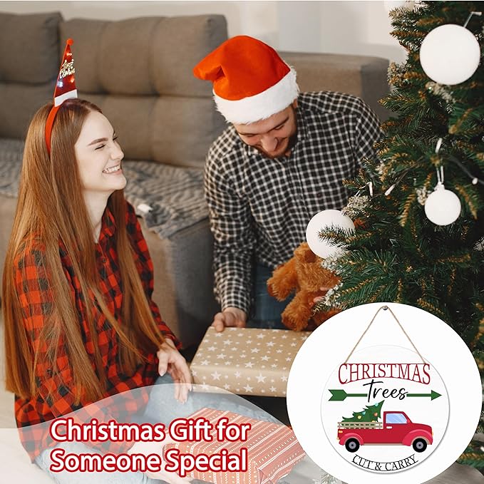 Rustic Christmas Tree Hanging Decorations, 10 Inches Farmhouse Decorative Wooden Plaque with Jute Rope for Door Wall Shelf Decor, Winter New Year Gifts-MBA14