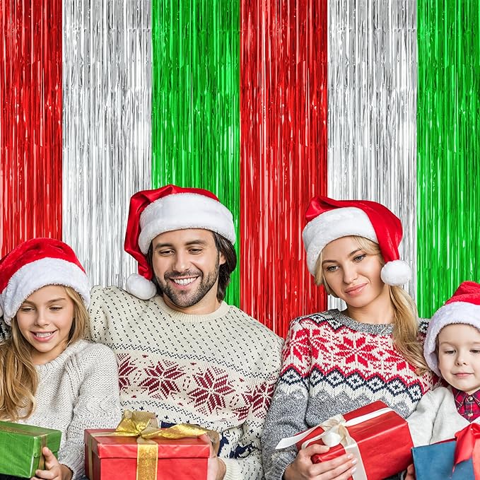 4 Pack Christmas Curtains, 3.28 FT x 7.05 FT Red Silver Green Foil Backdrop, Metallic Foil Fringe Curtains Party Streamer Picture Backdrop, Christmas Door Decorations Photo Props Party Supplies