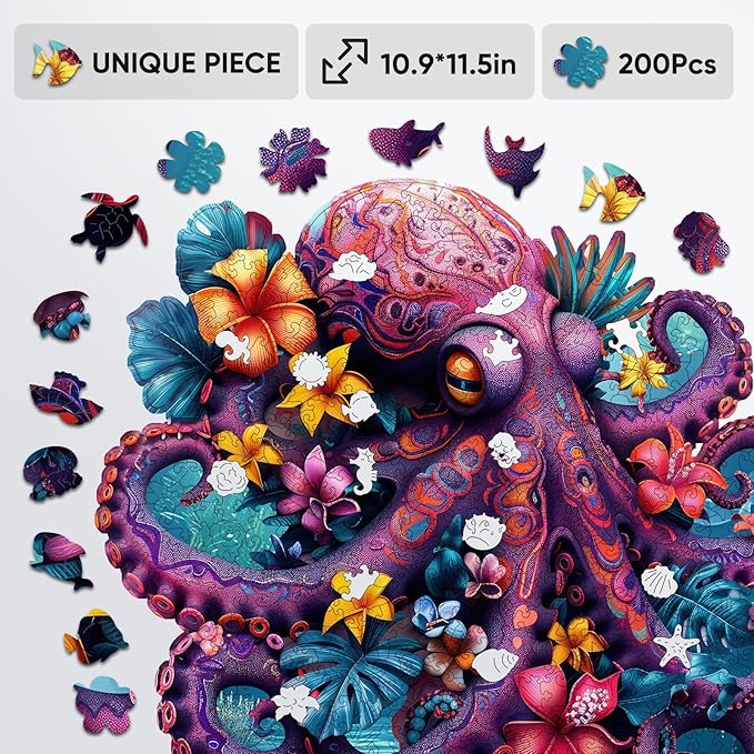 Octopus Wooden Puzzle for Adults, Ocean Jigsaw Puzzles 500 Piece, Unique Shapes Family Reunion Puzzle for Adults and Kids, Beautiful Package, Best Gift for Family Friends Royal 17.3x16.6in