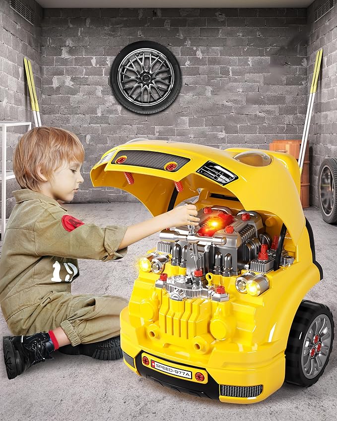 Deejoy Large Truck Builder Kit for Toddlers 3-5, Kids Mechanic Workshop Set with Light and Sound, Removable Engine, Yellow, 15.3x18.7inch