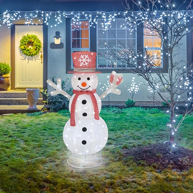 Outdoor Snowman Lighted, Pop-Up Snowman Outdoor Yard Christmas Decorations Prelit 100 Lights, Collapsible Lighted Snowmen Wear Scarf and Hold Light Up Gift Box for Home Pink Christmas Décor-Pink