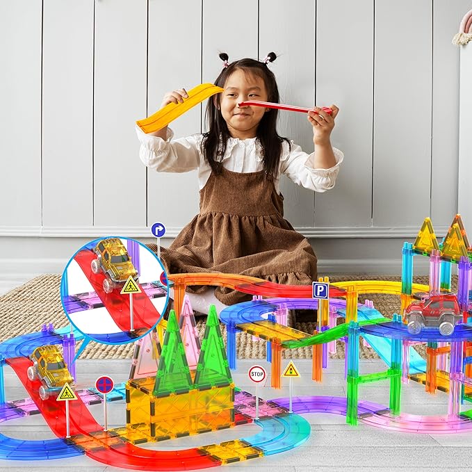 PicassoTiles 6 Piece Race Track Ramp Magnetic Building Block Set Magnet Tiles Construction Toy STEM Learning Kit Education Playset Playboard Pretend Play Stacking Blocks Child Brain Development PTR06