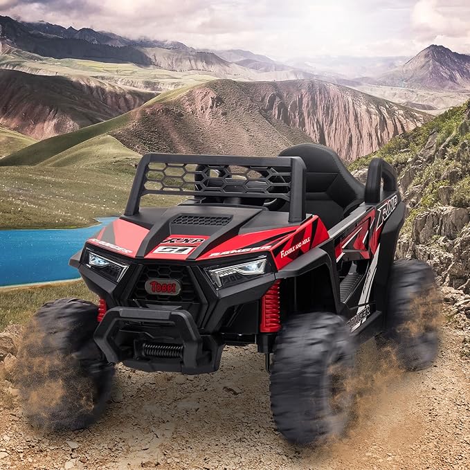 TOBBI 12V Kids Ride on Car, Electric Off-Road UTV Truck with Forward and Reverse Functions, Double Open Doors, Safety Belt, Horn, Music, and Lights for Kids Aged 3-5 Years (Red)