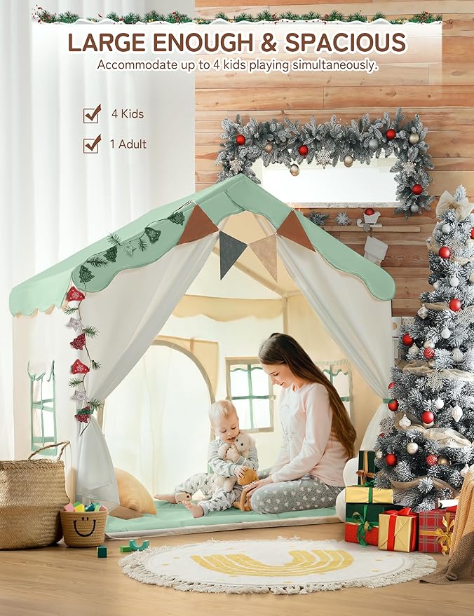 BESREY Kids Play Tent - 2 in 1 with Padded Mat & Lights, Large Playhouse with 2 Doors & 4 Windows, Indoor & Outdoor, Christmas Toddler Play Tent, 51" x 35" x 51
