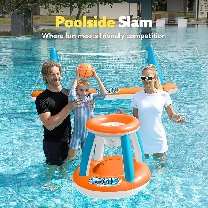 JOYIN XL Inflatable Pool Float Set, 125'' Volleyball Net & Basketball Hoops, Extra Large Floating Swimming Game Toy for Kids and Adults, Summer Floaties, Volleyball Court|Basketball, XL-Orange