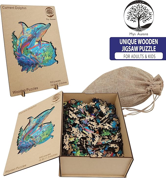 Wooden Puzzles, Dolphin Jigsaw Puzzles 500 Pieces, Unique Shaped Wooden Puzzles for Adults and Kids, Family Game 17.4 x 16.8 Inch