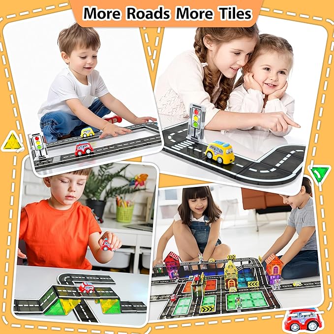 42pcs Magnetic Tiles Road, Magnetic Building Blocks City Construction Toys for 3+Year Old Boys & Girls, Montessori Toys for Toddler, STEM Learning Gifts