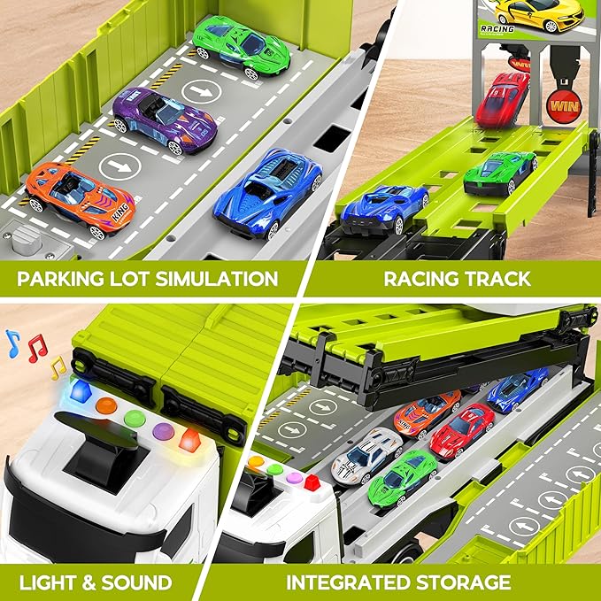 Carrier Truck Race Track Boys Toys, Foldable 3 Layer Toddler Track Playset, Toy Truck Transport Car Carrier & 8 Race Cars, Truck Car Kids Toys for Age 3 4 5 6+ Years Old Boys Girls