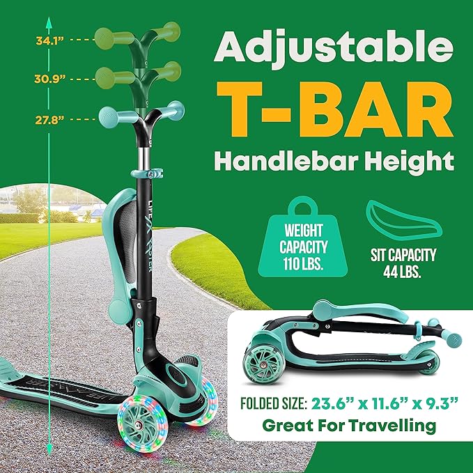 Kids Scooter – Foldable Seat – LED Wheel Lights Illuminate When Rolling – Children and Toddler 3 Wheel Kick Scooter – Adjustable Handlebar – Indoor and Outdoor- by Lifemaster