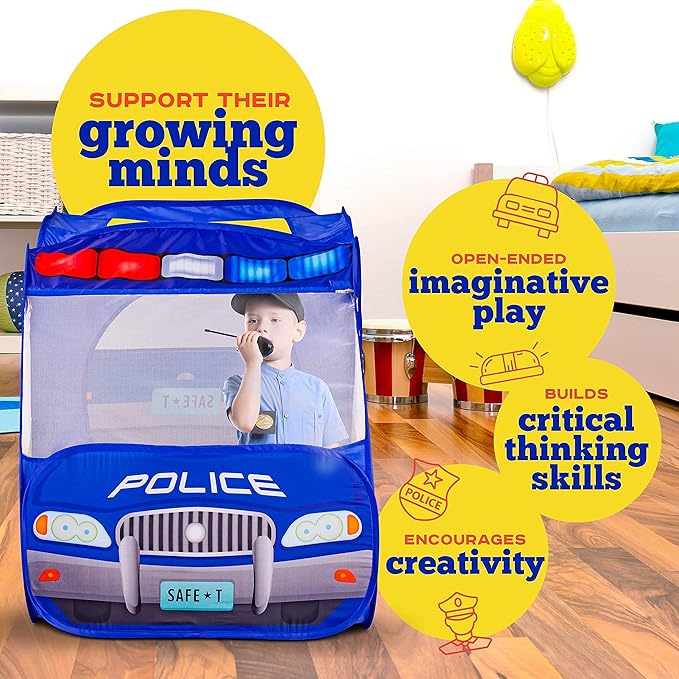 Police Car Pop Up Play Tent with Sound Button and Policeman Officer Costume for Kids, Toddlers, Boys, Girls, Indoors & Outdoors – Playhouse for Interactive Fun - Foldable, Quick Setup Pretend Play