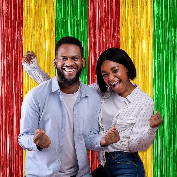 2 Pack Black History Month Decorations, 3.28 FT x 7.05 FT Backdrop Curtains, Red Yellow Green Color Tinsel Backdrop Fringe Curtains Party Streamer, Black History Month Door Decor