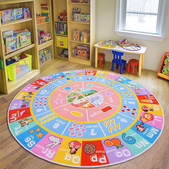 Kids Rugs for Playroom - Soft & Non-Slip 4x4 Feet Round Educational Rug for Learning ABC Alphabet, Numbers, Shapes & Map, Washable Classroom Rug for Toddler Nursery & Kids Room Decor