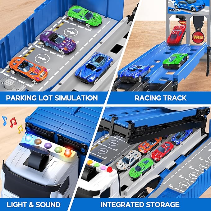 Carrier Truck Race Track Toddlers Toys, Foldable 3 Layer Track Playset, Toy Truck Transport Car Carrier & 8 Race Cars, Truck Car Kids Toys Xmas Gifts for Age 3 4 5 6+ Years Old Boys Girls