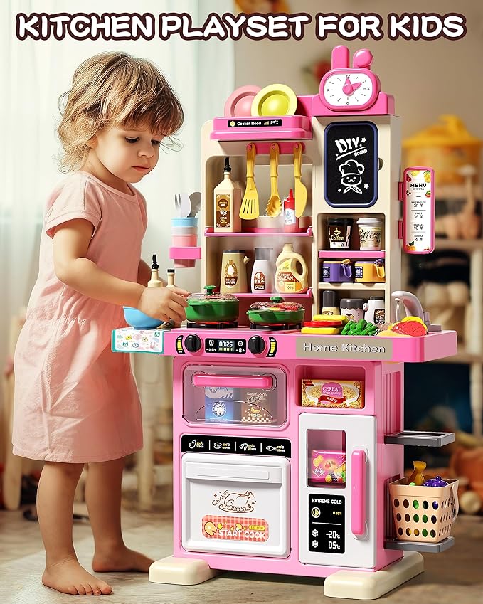 33.8IN - 70PCS Kids Kitchen Playset with Sound & Light - Cooking Stove with Steam, Play Sink and Toy Kitchen Accessories - Pretend Kitchen Play Food Toys for Kids Boys Girls - Toddler Play Kitchen Set